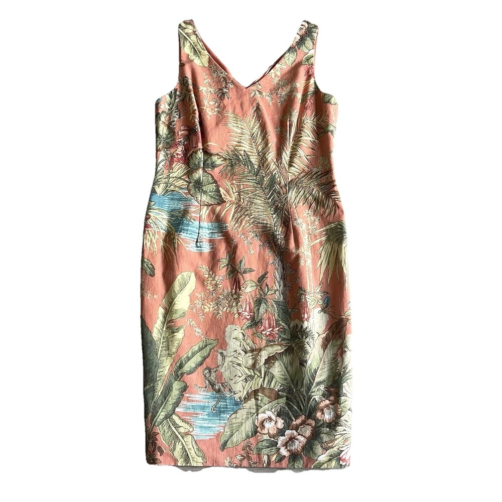 Talbots‎ Vtg Tropical Dress Size 10 Jungle Monkey Beaded Sheath Zip Deadstock